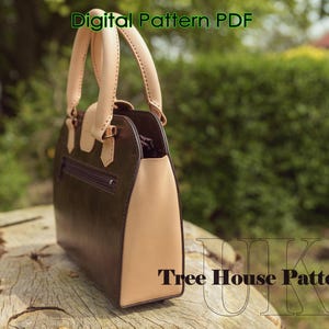 May include: A brown and beige leather handbag with a top handle and a zipper closure. The bag is sitting on a wooden surface. Digital Pattern PDF Tree House Patterns.