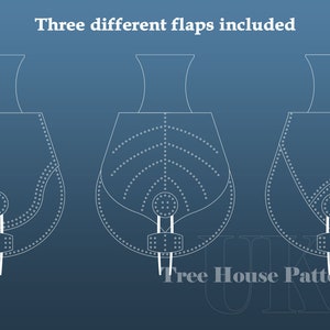 May include: Three different flap designs for a leather bag pattern. The pattern includes dotted lines and circles to indicate stitching. The text "Tree House Patterns" is at the bottom of the image.