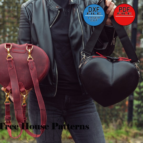 Heart shoulder bag and backpack leather pattern DXF and PDF - crossbody bag digital template for leather crafters