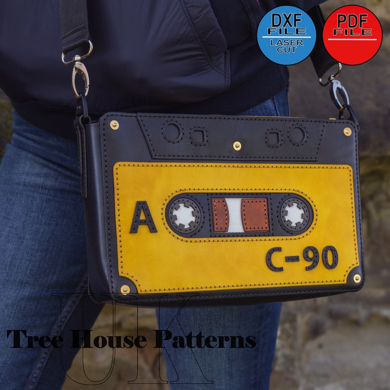 Leather cassette tape shoulder bag PDF and DXF digital pattern, retro style crossbody bag laser pattern and PDF image 9