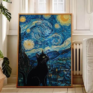 Konsttryck med katten Stjärnklar natt: Van Gogh-parodi, nyckfull svart katt (digital nedladdning)