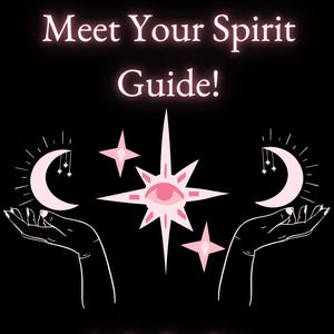 Puede incluir: Fondo negro con ilustraciones celestiales rosas y blancas. El texto dice "Meet Your Spirit Guide!" y "Audio Reading". La imagen presenta manos sosteniendo lunas crecientes, estrellas y un símbolo ocular central.