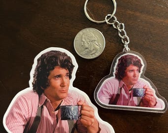 Charles Ingalls Late-Night Coffee Keychain + Sticker Little House Gift Set - Free Trading Card!