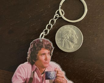 Charles Ingalls having a cup of coffee on a keychain! - Vintage key chain! Free Gifts!