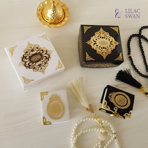 Lyxigt islamiskt presentset specialdesignad mini-Koran och rosenkrans, islamiska tillfällen, islamisk fest, islamiska presenter och souvenirer, muslimskt bröllop, Eid-ask