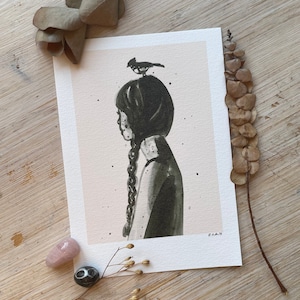 Art Print “Girl and Bird” of a hand-painted ink drawing by Raissa Oltmanns