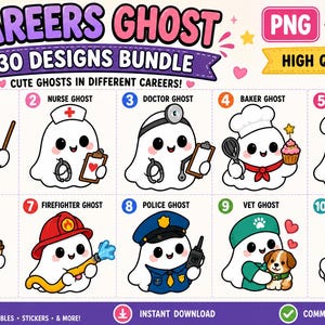 30 karriärspöke SVG-paket, sött yrkesspöke PNG, karriärclipart, kawaii spöke SVG, lärare sjuksköterska läkare svg, Cricut sublimering