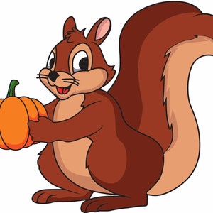 May include: A cartoon illustration of a brown squirrel holding an orange pumpkin. The squirrel has a light brown belly and a large, bushy tail. The pumpkin has a green stem. The squirrel is smiling.