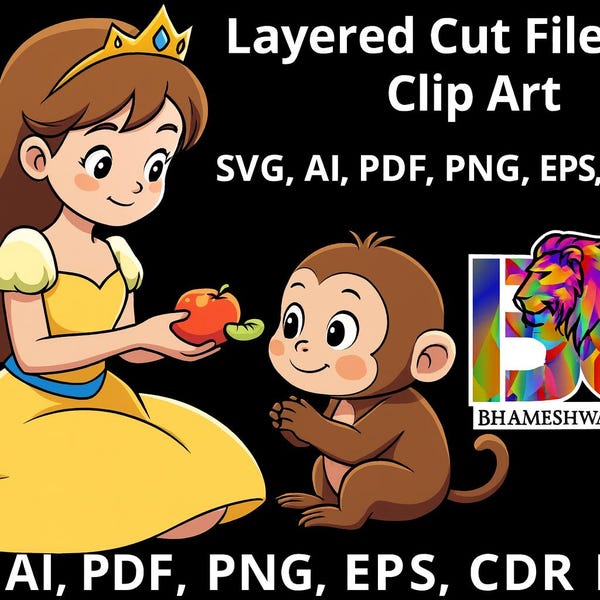 Clipart de princesa linda y mono bebé / Ilustración de dibujos animados kawaii / PNG SVG AI eps cdr pdf / Arte infantil para guardería / Gráfico de animales lindos