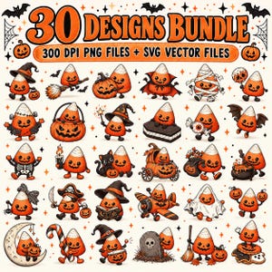 May include: A digital collection of 30 Halloween-themed candy corn character designs. The bundle includes 300 DPI PNG files and SVG vector files. Each character features orange and white candy corn bodies with various costumes.