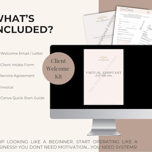 May include: A computer monitor shows a "Client Welcome Kit" with documents, including a welcome email, client intake form, service agreement, and invoice. The text "Virtual Assistant" is visible on the screen, with the phrase "What's Included?" at the top.