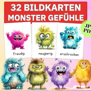 Monster Gefühlskarten Kinder Emotionen Bildkarten Kindergarten lernen Montessori Emotions Bilder für Kinder Gefühle Aquarell Kinderzimmer
