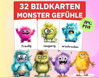 Monster Emotion Cards for Children, Emotion Picture Cards for Kindergarten, Montessori Emotions Pictures for Children, Feelings, Watercolor for Children's Room