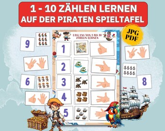 Può includere: Un gioco educativo stampabile per bambini per imparare a contare da 1 a 10. Il gioco presenta un tema pirata con immagini di forzieri del tesoro, cannoni, isole e una nave pirata. Il gioco include carte con numeri, conteggio con le dita e immagini di oggetti da contare.
