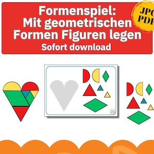 Op de afbeelding: Een kleurrijk educatief spel met geometrische vormen. De afbeelding toont een rode banner met Duitse tekst, een hartvorm gemaakt van geometrische vormen en een kaart met vormen om te rangschikken. Het spel bevat driehoeken, ruiten en halve cirkels.