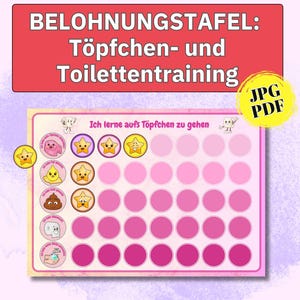 Könnte beinhalten: Eine rosa-weiße Belohnungstafel für das Töpfchentraining mit einem Raster aus rosa Kreisen und illustrierten Aufklebern. Die Tafel hat Text oben und einen gelben Kreis mit "JPG PDF".