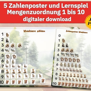 Voor het eerst leren tellen, nummerposter, nummerlegspel, sorteerspel, Montessori-speelgoed, kleuterschool leren, cijfers leren, dierenposter pdf