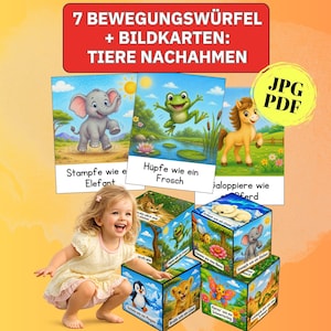 Puede incluir: Un conjunto de siete cubos de movimiento y tarjetas ilustradas con animales y el texto en alemán 7 BEWEGUNGSWÜRFEL + BILDKARTEN: TIERE NACHAHMEN. Las tarjetas muestran un elefante, una rana y un caballo, y los cubos diversos animales.