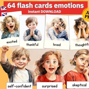 Könnte beinhalten: Set mit 64 druckbaren Flashcards mit Aquarell-Illustrationen von Kindern, die verschiedene Emotionen ausdrücken. Die Karten enthalten Wörter wie "aufgeregt", "dankbar", "geliebt", "nachdenklich", "selbstbewusst", "überrascht" und "skeptisch".