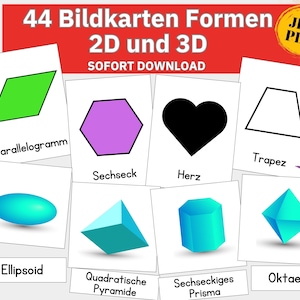 Forme carte illustrate, forme 2D e 3D carte didattiche bambini, corpi geometrici forme base carte flash forme varietà carte Montessori tedesco