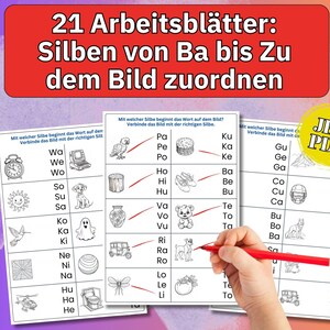 Könnte beinhalten: Lehrblätter mit deutschem Text, die Bilder und Silben für Zuordnungsübungen enthalten. Die Arbeitsblätter sind in Schwarzweiß gehalten und haben oben ein rotes Banner. Eine Hand mit einem roten Stift zeigt auf das Arbeitsblatt.