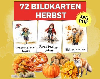 Imagens de estações de outono, natureza, educação domiciliar, crianças, jardim de infância, aprendizagem, Montessori, pré-escola, creche, pdf, flashcards, impressão, aquarela