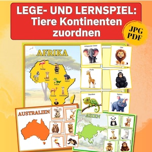 Puede incluir: Un juego educativo de asociación con mapas de África, Australia y Asia e ilustraciones de animales. El texto dice LEGE- UND LERNSSPIEL: Tiere Kontinenten zuordnen, JPG, PDF, AFRIKA, AUSTRALIA y ASIEN. Incluye tarjetas con animales.