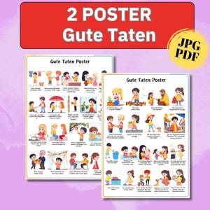 Pode incluir: Dois cartazes educativos intitulados Gute Taten Poster com ilustrações coloridas de desenhos animados de crianças a realizar vários atos úteis, com legendas em alemão sob cada cena e um emblema circular amarelo com JPG PDF.