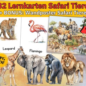 Safaritiere Lernkarten Kinder Poster Tiere Afrika Tiere Plakat Kinderzimmer Poster Tierwelt Bildkarten Montessori Kinder flashcards Savanne