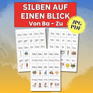 Può includere: Tre schede didattiche bianche con griglie di sillabe che iniziano con le lettere G, S e M, abbinate a versioni in minuscolo e piccole illustrazioni. Il banner rosso in alto mostra il testo SILBEN AUF EINEN BLICK Von Ba - Zu.