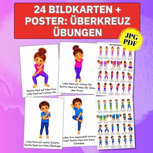Könnte beinhalten: Ein Set aus 24 Bildkarten und Postern mit Illustrationen von Kindern, die Überkreuz-Übungen ausführen. Der Text lautet 24 BILDKARTEN + POSTER: ÜBERKREUZ ÜBUNGEN und enthält Anleitungen für verschiedene körperliche Bewegungsabläufe.