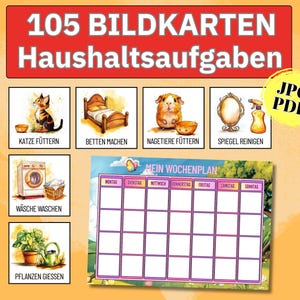 Könnte beinhalten: Eine farbenfrohe Lerntafel mit dem Text "105 Bildkarten Haushaltaufgaben" und Illustrationen von Haushaltsaufgaben. Enthält einen Wochenplaner und Bilder von Katze, Bett, Meerschweinchen, Spiegel, Sprühflasche, Waschmaschine und Pflanzen.