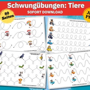 May include: A set of 80 printable worksheets for kids to practice tracing lines. The worksheets feature various animal illustrations, including a rabbit, a bird, a cat, a dog, and a turtle. The text on the page says "Schwingübungen: Tiere" and "Sofort Download".