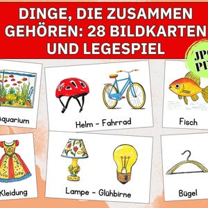 Könnte beinhalten: Illustrierte Karten mit dem Text "DINGE, DIE ZUSAMMEN GEHÖREN: 28 BILDKARTEN UND LEGESPIEL". Die Karten zeigen ein Aquarium, einen roten Helm, ein blaues Fahrrad, einen Goldfisch, ein Kleid, eine Lampe, eine Glühbirne und einen Kleiderbügel.