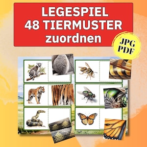 Pode incluir: Jogo educativo de correspondência com padrões e ilustrações de animais. O jogo inclui imagens de um lêmure, tigre, cobra, borboleta e insetos. O texto na parte superior diz "LEGESPIEL 48 TIERMUSTER zuordnen".