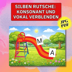 Pode incluir: Um gráfico educativo colorido apresentando um escorregador vermelho em um parque com as letras M e A colocadas sobre ele. O texto no topo diz SILBEN RUTSCHE: KONSONANT UND VOKAL VERBLENDEN, e um círculo amarelo indica JPG PDF.