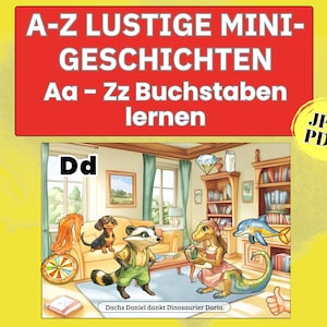 Puede incluir: Portada de libro infantil con el título "A-Z LUSTIGE MINI-GESCHICHTEN" en rojo. La ilustración muestra una habitación con animales de dibujos animados, incluyendo un mapache, un perro salchicha y un dinosaurio. La letra "Dd" se muestra de forma destacada.