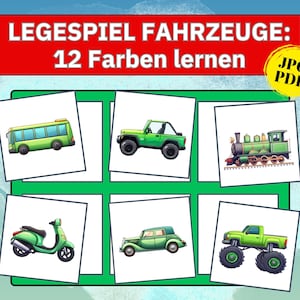 Könnte beinhalten: Lernkarten mit grünen Fahrzeugen: Bus, Jeep, Zug, Roller, Oldtimer und Monstertruck. Der Text oben lautet "LEGESPIEL FAHRZEUGE: 12 Farben lernen". Ein JPG- und PDF-Symbol befindet sich oben rechts.