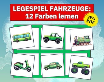 Lernspiel Farben Kindergarten lernen Kinder fördern Fahrzeuge Kinder Farben lernen Kinder sortieren Montessori Sortierspiel PDF Download