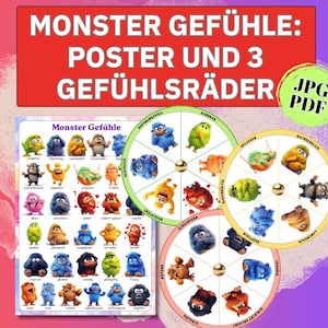 Könnte beinhalten: Ein Poster und drei Emotionsräder mit dem deutschen Text "Monster Gefühle". Das Poster und die Räder zeigen Cartoon-Monster, die verschiedene Emotionen darstellen. Die Räder haben Emotionsbezeichnungen.