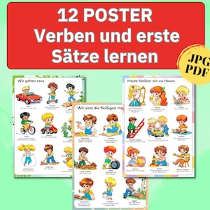 May include: A set of educational posters with the text "12 POSTER Verben und erste Sätze lernen" in German. The posters feature colorful illustrations of children performing various actions, with corresponding German verbs and phrases.