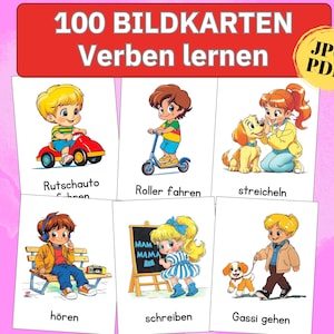 Könnte beinhalten: Ein Set illustrierter Bildkarten mit dem Titel "100 Bildkarten Verben lernen" in Rot. Die Karten zeigen Kinder bei verschiedenen Aktivitäten, wie Autofahren, Rollerfahren und einen Hund streicheln. Die deutschen Wörter für jede Aktion sind unter den Bildern geschrieben.