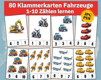 Klammerkarten 1-10 Zählen lernen flashcards Zahlen lernen, Zahlenkarten Montessori Lernkarten zahlen üben Zähl Spiele Zahlen Einschulung