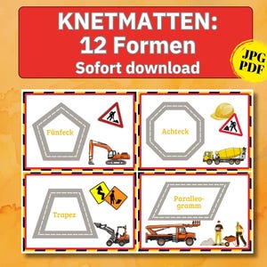 Könnte beinhalten: Ein druckbares Arbeitsblatt mit 12 verschiedenen Formen, darunter ein Fünfeck, ein Achteck, ein Trapez und ein Parallelogramm. Jede Form ist auf Deutsch beschriftet und von einem schwarz-gelb gestreiften Rand umgeben. Das Arbeitsblatt zeigt auch Illustrationen von Baufahrzeugen und Verkehrszeichen.
