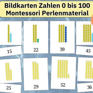 Montessori kralenmateriaal getallen, Montessori getallen leren, getallenkaarten met gouden kralen, leren tellen, sorteerspel, Montessori wiskunde