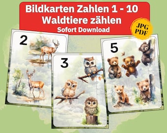 Zahlen Karten 1-10 zählen lernen Kinder Lernspielzeug, Bildkarten Kinder Zahlen lernen, Zahlen Montessori Lernkarten Zahlen Tiere Lernspiele