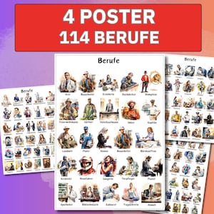 Könnte beinhalten: Vier Poster mit Illustrationen von 114 verschiedenen Berufen, mit dem deutschen Wort "Berufe" oben auf jedem Poster. Die Poster sind auf einem Farbverlaufshintergrund aus Lila, Orange und Weiß angeordnet.