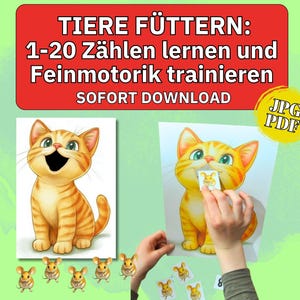 Op de afbeelding: Educatieve print met een cartoon oranje tabby kat. De afbeelding bevat de tekst "TIERE FÜTTERN: 1-20 Zählen lernen und Feinmotorik trainieren SOFORT DOWNLOAD" en "JPG PDF". De afbeelding toont ook een hand die een muiskaart vasthoudt.