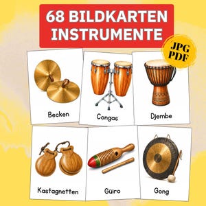 Könnte beinhalten: Ein Set aus 68 Bildkarten mit Musikinstrumenten wie Becken, Congas, Djembe, Kastagnetten, Güiro und Gong. Die Karten sind mit Text beschriftet und enthalten ein gelbes, kreisförmiges Abzeichen, das auf die Formate JPG und PDF hinweist.
