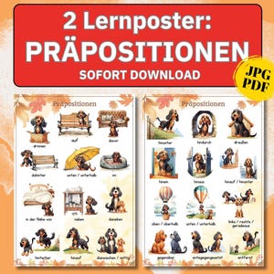 Präpositionen deutsch Kleinkind Zimmerdeko Kindergarten Plakat Klassenzimmer Poster deutsch, Positions Poster Hunde Poster Montessori Poster